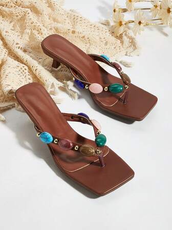 Sandalias de tacón alto con puntera cuadrada, decoración de rhinestones y estilo bohemio casual para la playa para mujer
