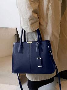 Women's Stylish Textured Tote Bags Elegant Multi Layer Shoulder Bags Casual Office Commuter Handbags For Daily Use - 藏蓝色 - 查看 3