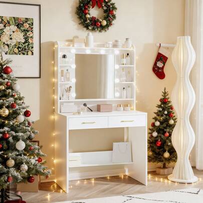 HEXCELEN Schminktisch mit Spiegel, Schminktisch mit Ablageflächen und 2 Schubladen, für Schlafzimmer, Wohnzimmer, Verstellbare Helligkeit, 40 x 80 x 149 cm, Weiß