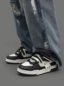 Lightweight & Breathable Low-Top Casual Chunky Sneakers, Versatile For Men - 黑與白 - 查看 7