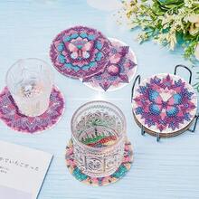 8个带支架的钻石画杯垫，DIY蝴蝶图案钻石画杯垫，适合成人和初学者的钻石画套装，钻石画工艺用品，送给朋友的精美礼物 - 彩色 - 查看 5