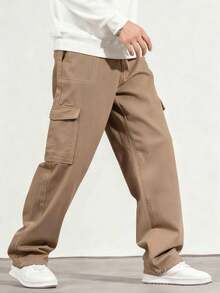 1 件青少年男孩复古休闲简约牛仔效果口袋工装裤，春夏秋冬 - 卡其色 - 查看 4