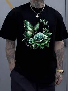 A Green Butterfly Symbolizing Freedom And Transformation Surrounds An Emerald Rose Representing Hope And Calm, Joined By Drops Evoking Purity And Natural Energy. Men's T-Shirt, 100% Cotton, Comfortable And High Quality. - 黑色 - 查看 8