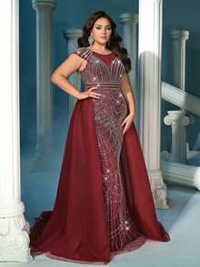 Đầm Maxi dự tiệc cổ tròn tay lỡ thanh lịch dành cho nữ, đính sequin tương phản và chi tiết lưới, khóa kéo - Màu Đỏ Sâu - Xem 6