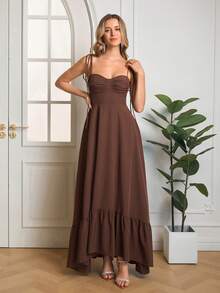 PARTHEA Backless Smocking Bodycon Ruched Cami Long Dress Elegant - Brown - View 4