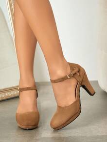 1 đôi giày cao gót đế dày có khóa cài, màu trơn, đa năng, phù hợp đi làm, công sở, dự tiệc, thanh lịch, kiểu dáng kín mũi dành cho nữ. - Màu Khaki - Xem 4