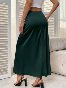 Women's Solid Color Elegant Zipper Slit Skirt, Satin Fabric With Slight Stretch, Elegant Minimalist Fashion Suitable For Summer - Dark Green - View 2