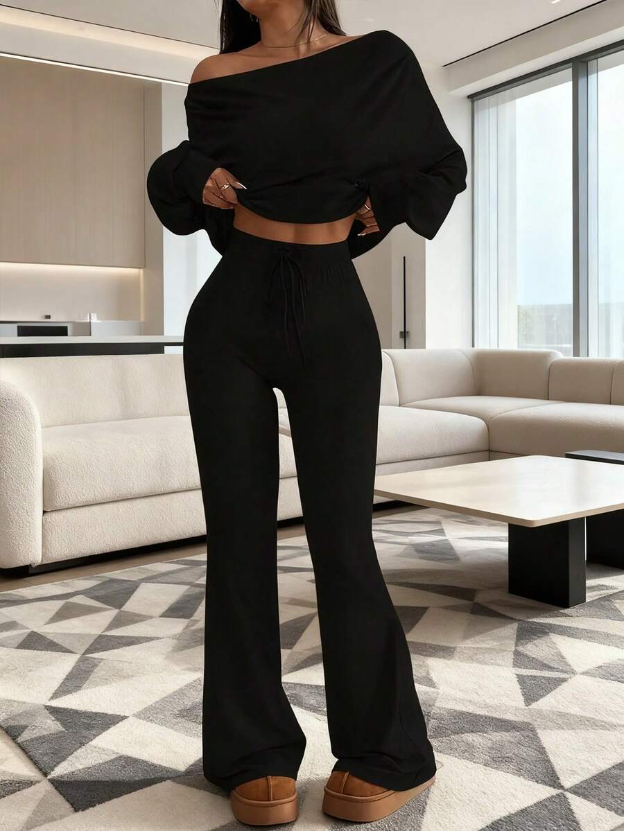 大码女装两件套休闲纯色露肩长袖宽松上衣搭配低腰抽绳复古喇叭裤，春季女装 - 黑色 - 查看 1