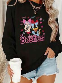 Disney Authorized Plus Size Women Round Neck Sweatshirt Minnie Mouse And Daisy Duck Besties Print Loose Fit Comfortable Fall Winter Crewneck Pullover Sweater Essential For Casual Outings And Everyday Wear - Black - View 1