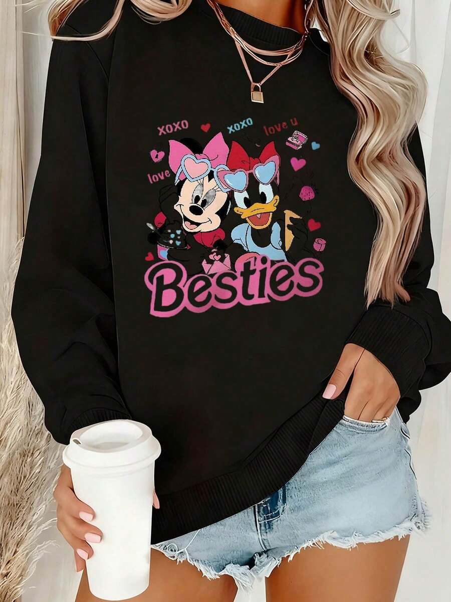 Disney Authorized Plus Size Women Round Neck Sweatshirt Minnie Mouse And Daisy Duck Besties Print Loose Fit Comfortable Fall Winter Crewneck Pullover Sweater Essential For Casual Outings And Everyday Wear - Black - View 1