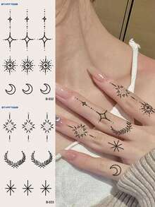 STARTTOOS 2pcs Black Crescent Moon, Starlight & Floral Pattern Temporary Tattoo Sticker For Fingers, Wrists & Small Parts Of Body - Black - View 11