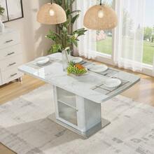 Modern Rectangular Dining Table, 120cm-160cm, Extendable, With Printed Black Marble Top + MDF X-Shaped Table Leg With Metal Base - Putih + Kaca + MDF + Baja + Ruang Hidup Utama - View 3