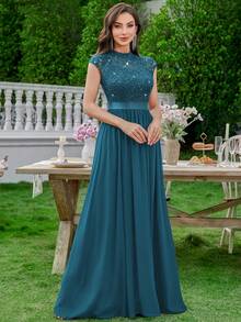 MIUSOL Elegant Women's Mock Neck Sequin Floral Lace Bodice Cap Sleeve A-Line Chiffon Maxi Dress With Side Slit, For Wedding Guest, Prom Or Formal Evening Party - 水鴨藍 - 查看 4