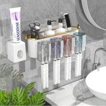 1 set Portacepillos de dientes con 4 vasos y 1 dispensador de pasta de dientes, decoración del hogar y del baño, decoración de otoño, de vuelta a la escuela