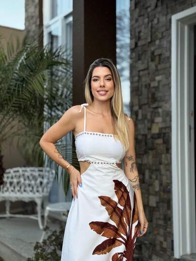 VESTIDO LONGO FEMININO  Tropical    Tecido    Vazado / cortado    Férias  Praia