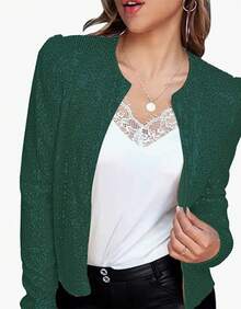 2025 Spring New Women's Fashion Stand Collar Solid Color Sequin Jacket Short Casual Versatile Small Jacket - Dark Green - View 5