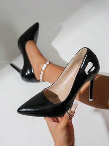 Retro Pointed Toe High Heel Party Shoes, New Spring/Autumn Color Block Super High Heel Low-Top Shoes, Mirror Red Bottom Fashion High Heels, Elegant Formal Dress Shoes - 黑色 - 查看 1