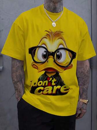3D-tryckt herrtröja med kort ärm, gul "Anka I Don't Care Fun"-t-shirt, maskintvättbar, lämplig för vardagsbruk