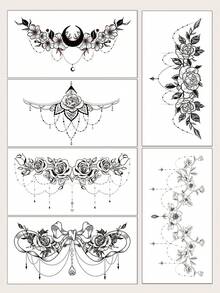 STARTTOOS Tattoo Sticker Kits, 6 Sheets Floral Pattern Tattoos For Children, Tattoo Stickers Adults, Realistic Tattoo Heart, Floral, For Women And Girls - Black - View 9