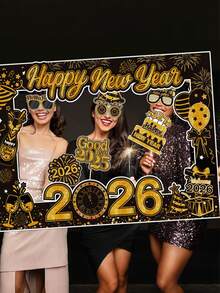 1个2026新年纸质相框 + 30个手持拍照道具，新年主题黑金彩色趣味帽子、眼镜、胡子、领带、西装等拍照道具，派对装饰套装，新年礼物 - 黑色 - 查看 9