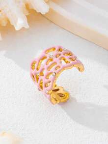 1pc Fashionable Versatile Metal Inlaid Glass Rhinestone Hollow Colored Coral Ring, Suitable For Women's Party Wear - Single Ring - View 9