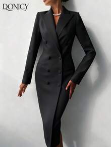 DONICY Women's Elegant Black Double-Breasted Solid Color Blazer Jacket, Fashionable Casual Long Coat With Buttons, Autumn/Winter