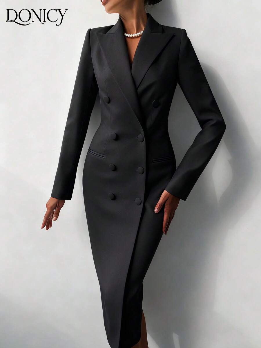 DONICY Women's Elegant Black Double-Breasted Solid Color Blazer Jacket, Fashionable Casual Long Coat With Buttons, Autumn/Winter