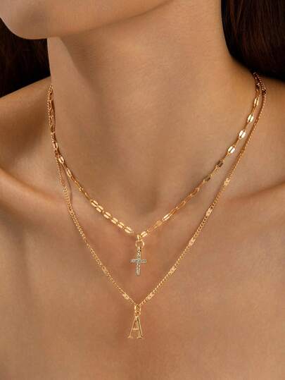 1pc Minimalist Fashionable Multi-Layer Thin Metal Chain Pendant Necklace With Cross & Letter A Charm, Versatile Jewelry Gift For Women, Suitable For All Seasons And Occasions
