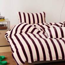 Luxury Queen Comforter Set Brown Stripes Velvet Feel Milk Fleece Comforter Queen Modern Style Striped Beding With 250g Microfiber Filling Lightweight 3 Pcs Boho Bedding Quilt Farmhouse Striped Fluffy Bed Set 1 Comforter 2 Pillowcases - Brown - View 2