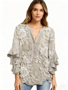 1pcs Women's Vintage 3D Imitation Floral Print Blouse With Ruffle Sleeves & V-Neck Button Front -3/4 Length Round Neck Shirt Top,  Women Bohemian Clothing - Màu be - Xem 5