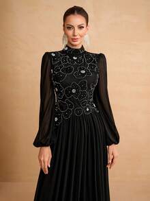 YISIKADO Đầm chiffon đính cườm hoa 3D, tay dài, cổ cao, kiểu dáng thanh lịch, thích hợp cho tiệc trà, dự đám cưới, lễ tốt nghiệp, hòa nhạc, tiệc chiêu đãi và các dịp khác. Màu đen mùa xuân. - màu đen - Xem 7