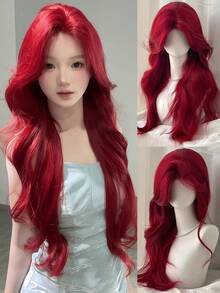 Red Long Curly Wavy Heat-Resistant Synthetic Wig With Bangs, Suitable For Daily Wear, Party, Cosplay, Christmas, Winter, Y2K Style - Multicolor - View 11