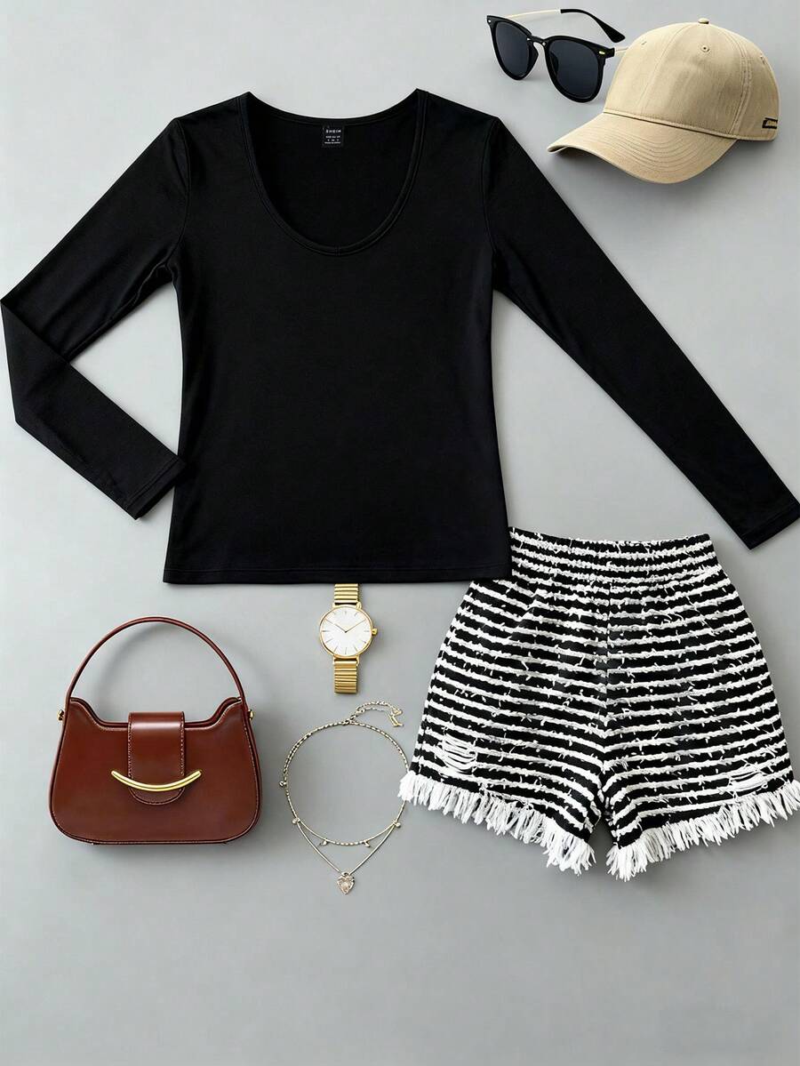 Solid Tee & Striped Shorts - Black - View 1