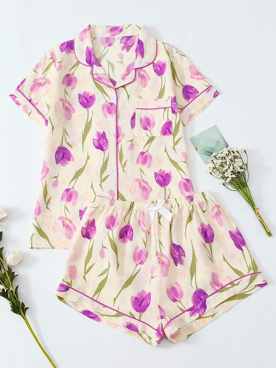 女士短袖和短裤郁金香印花睡衣套装