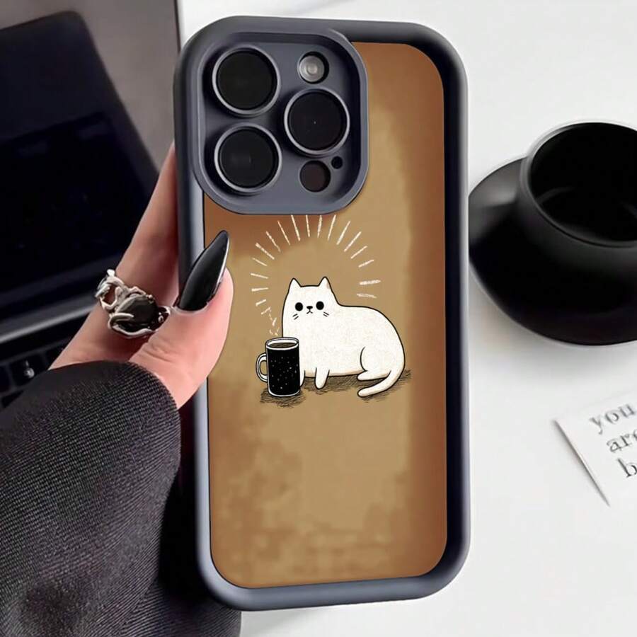 Funda para telefono con borde negro y parte trasera marron claro con estampado de gato blanco y taza de cafe ideal para uso diario en oficina o casa - Negro - Ver 1