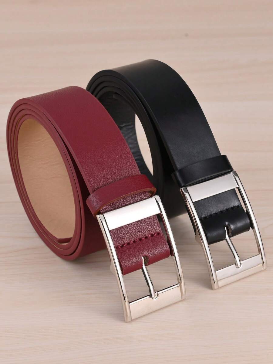 2pcs Plus Size Women's Rectangular Buckle PU Fashion Belts, Suitable For Daily Use, Extended Length Black And Burgundy Belt Set - Black + Burgundy (2 Pieces) - View 1