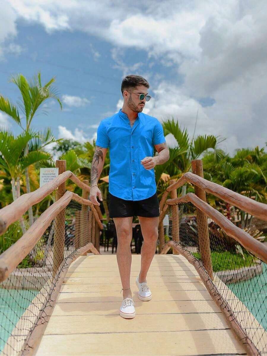 Men's Short-Sleeve Shirt With Mandarin Collar And Linen-Look - Assorted Colors - Comfortable - Cadet Blue - View 1