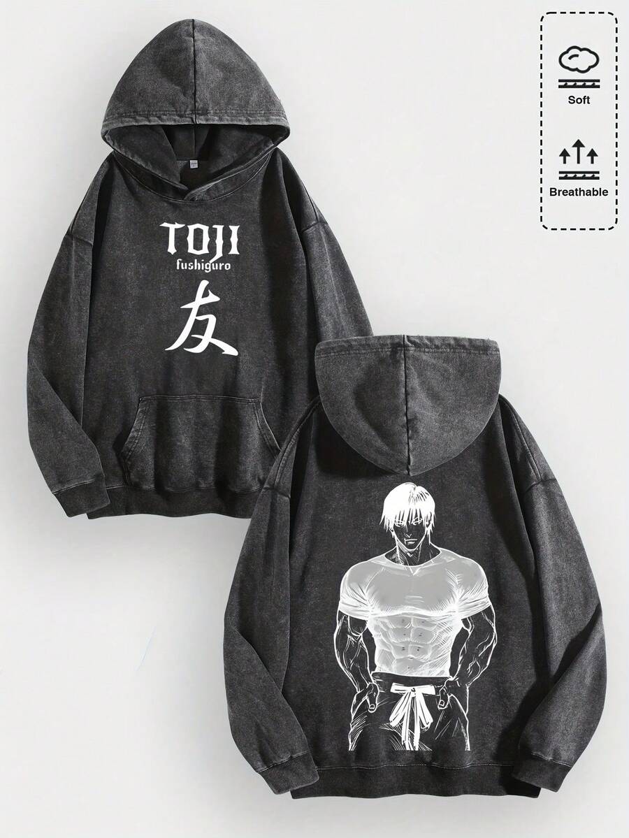 EWH Men Y2K Ju Ju T Su Ka I Sen "Toji Fushiguro" Anime Graphic Cotton Hoodie, Retro Casual Fashionable Daily Soft Warm Graphic Hoodies For Streetwear & Anime Enthusiasts 010-AB - 黑色 - 查看 1