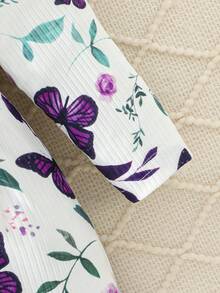 2pcs/Set Baby Girls Minimalist Cute Rose & Butterfly Print Flutter Sleeve Round Neck Dress + Solid Ribbed Dress, Spring/Autumn - Violet Purple - View 9