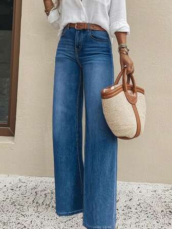 Elastic High Waist Loose Washed Blue Wide Leg Jeans For Women