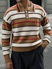 Men's Casual Loose Retro Color Block Polo Collar Button Knitted Sweater, Versatile Commuting Lazy High-End Pullover Long Sleeve Knitwear, Autumn/Winter
