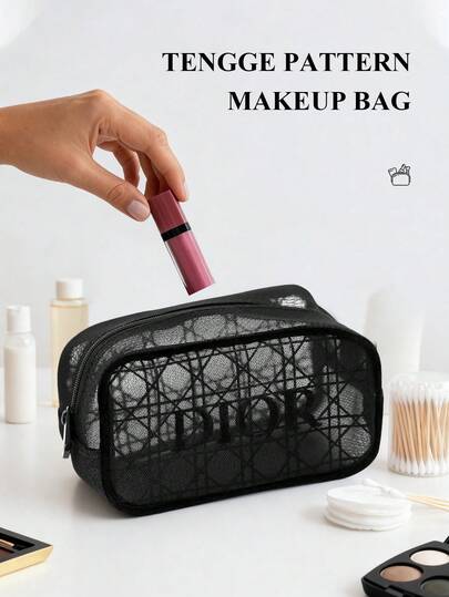 Christian Dior Black Mesh Embroidered Makeup Bag-Portable Makeup Organizer For Compact, Lipstick & Brush - Travel, School, Holiday Essentials,Makeup Storage Bag,Portable Makeup Pouch,Zipper Closure