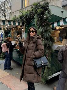 2025冬季新款女士中长款宽松连帽加厚棉衣，时尚派克大衣长袖棉服 - 卡其色 - 查看 7