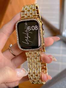 Compatível com Pulseiras 38mm, 40mm, 41mm, 42mm, 44mm, 45mm, 46mm, 49mm, Pulseira de Metal Dourada Brilhante, Elegante e Luxuosa com Diamantes e Caixa na Cor Dourada com Protetor de Tela Integrado, Compatível com Apple Watch Ultra 3/2/1/SE/S11/S10/S9/S8/S7/S6/S5/S4/S3/S2/S1 Series, Caixa de Relógio de Verão, Presente de Páscoa, Presentes para Mulheres, Festas e Bailes - Dourado - Visão 6