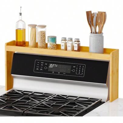 SpaceAid Bamboo Over The Stove Spice Holder Shelf 31.5 Kitchen Organizer Stove Spice Top Rack 11.6 Height Countertop Storage Over Oven Back Sink Organization Shelf Natural