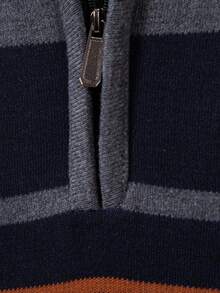 男士条纹半拉链 Polo 衫，长袖休闲宽松拼接日常半拉链套头针织薄毛衣，撞色设计，时尚简约 - 鏽棕色 - 查看 6