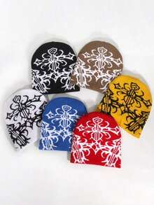 1pc Stylish Patterned Knitted Hat, Jacquard Adult Unisex Beanie Cap Warm, Fashionable Streetwear Casual, Multi-Color, Autumn/Winter Fall Outfit - 黑色 - 查看 5