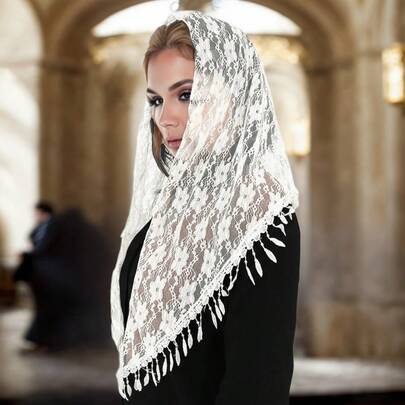 1pc Solid Color Casual Polyester Scarf/Bandana, Floral Embroidery, Lace Cutout Pendant, Suitable For All Seasons