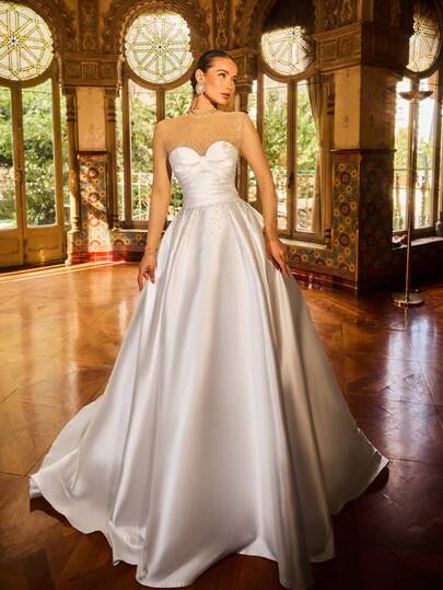 Faeriesty Elegant Vintage Heart-Shaped Neckline Wedding Dress, Featuring Sheer Fabric And Crystal Embellishments, Fitted Bodice, Luxurious Satin A-Line Skirt With Graceful Train, Suitable For Church Ceremonies, Garden Receptions, Ballroom Events And Formal Galas.