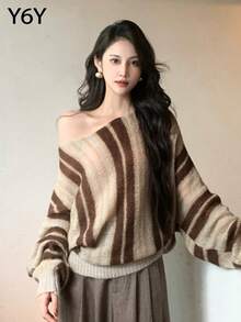 秋冬斜肩条纹长袖羊毛针织衫 - 卡其色 - 查看 2